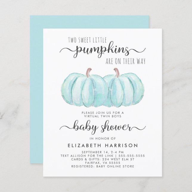 Papier Invitation de Baby shower virtuel Citrouille Twin  (Devant / Derrière)