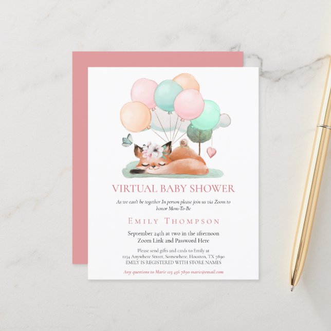Papier Invitation de Baby shower virtuel rose veille du b (Devant/Arrière en situation)