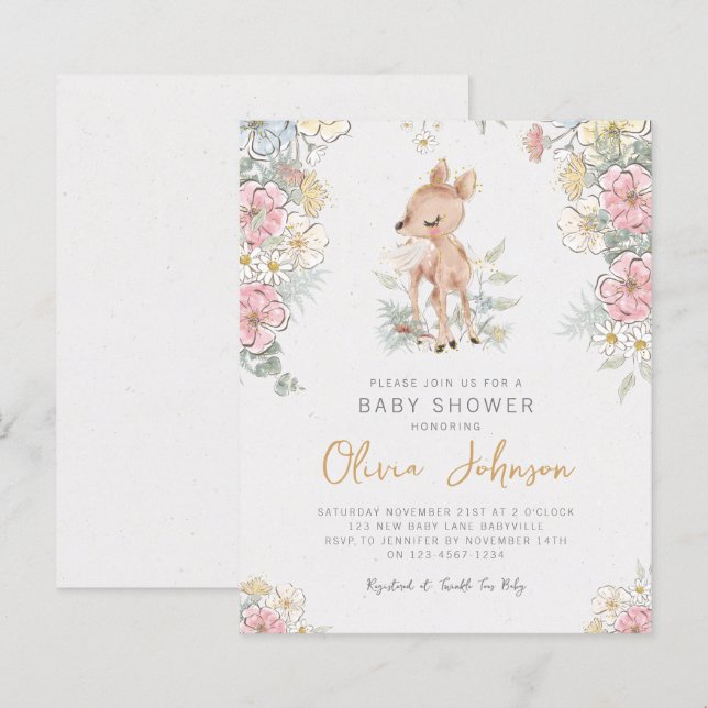 Papier Invitation de Baby showers floraux de cerfs de boi (Devant / Derrière)