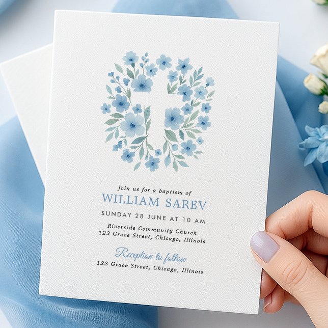 Papier Invitation de baptême à croix florale bleue à peti (blue floral cross baptism invite with envelope – modern and simple design)