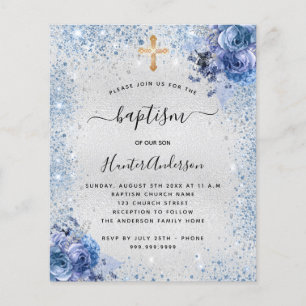 Papier Invitation de baptême argenté bleu garçon floral b