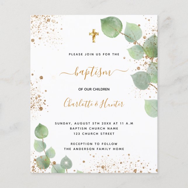Papier Invitation de baptême budget eucalyptus or jumeaux (Devant)