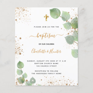 Papier Invitation de baptême budget eucalyptus or jumeaux
