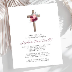Papier Invitation de baptême croix florale bordeaux blush