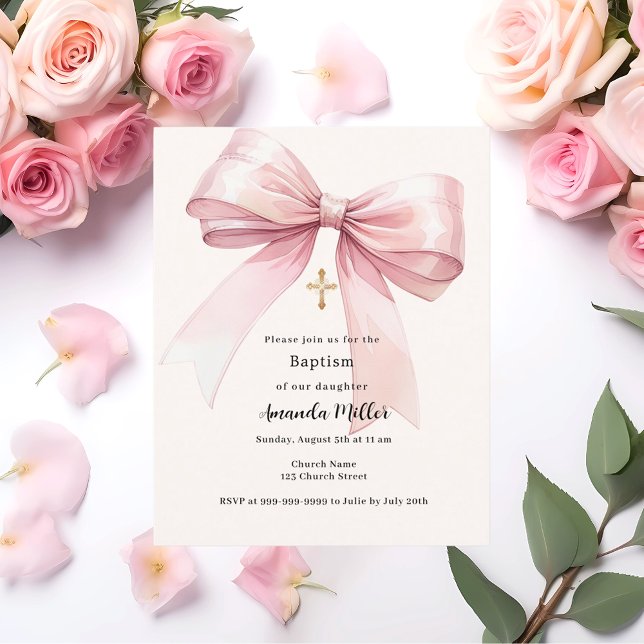 Papier Invitation de baptême fille ruban rose crème (Créateur téléchargé)