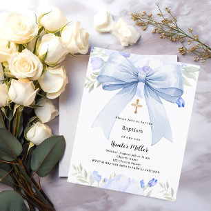 Papier Invitation de baptême garçon florales ruban bleu