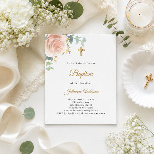 Papier Invitation de baptême rose florale croix dorée