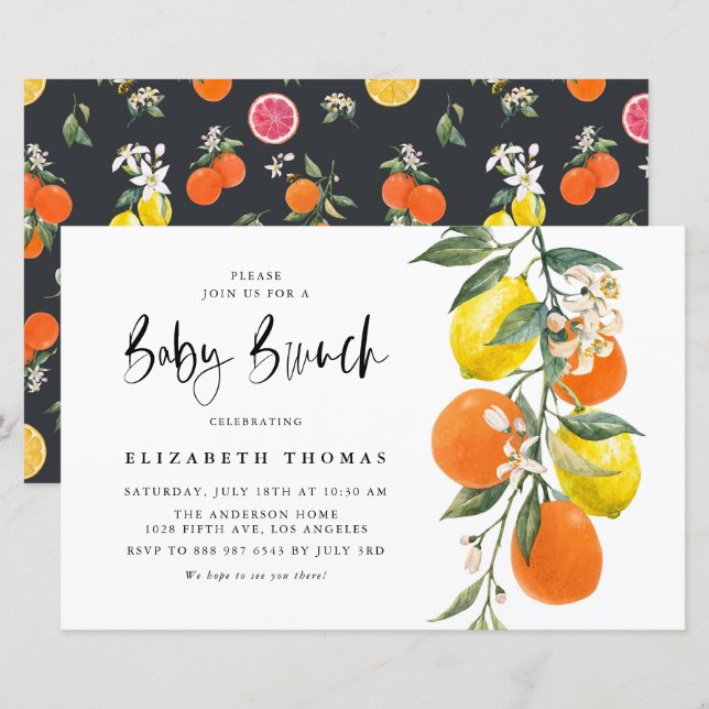 Papier Invitation de Brunch Botanique Orange et Citron (Devant / Derrière)