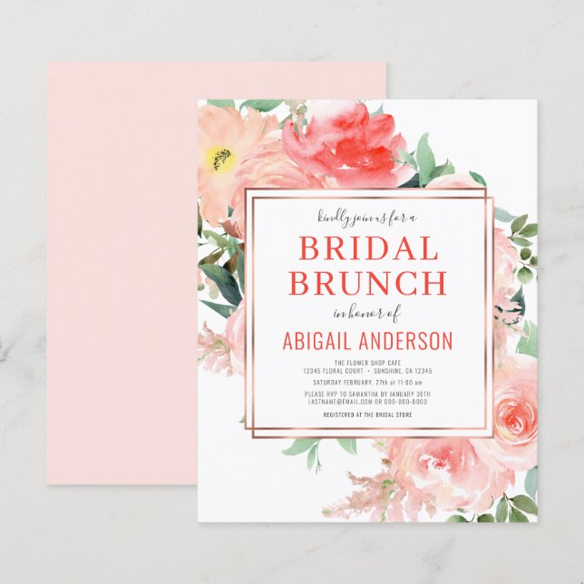 Papier Invitation de brunch nuptiale de pêche florale de  (Devant / Derrière)