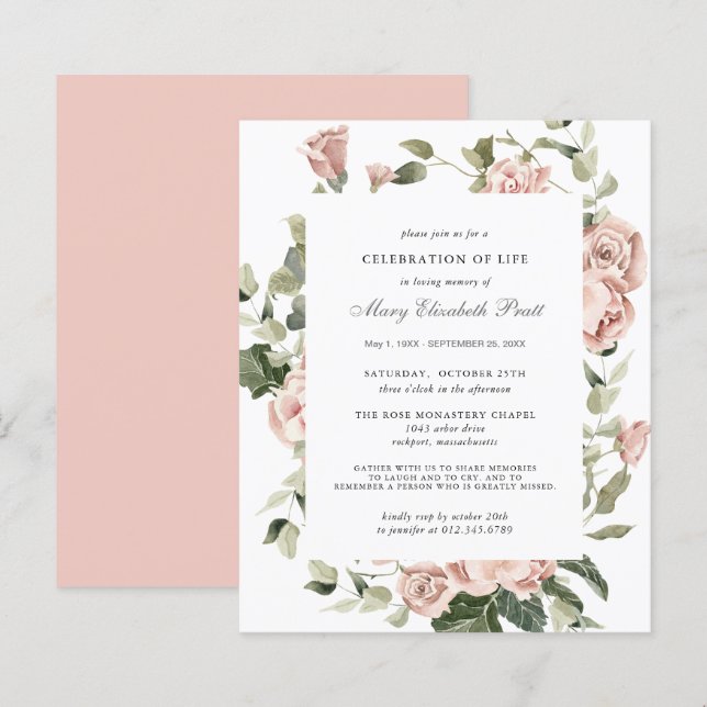 Papier Invitation de célébration de vie à budget rose flo (Devant / Derrière)
