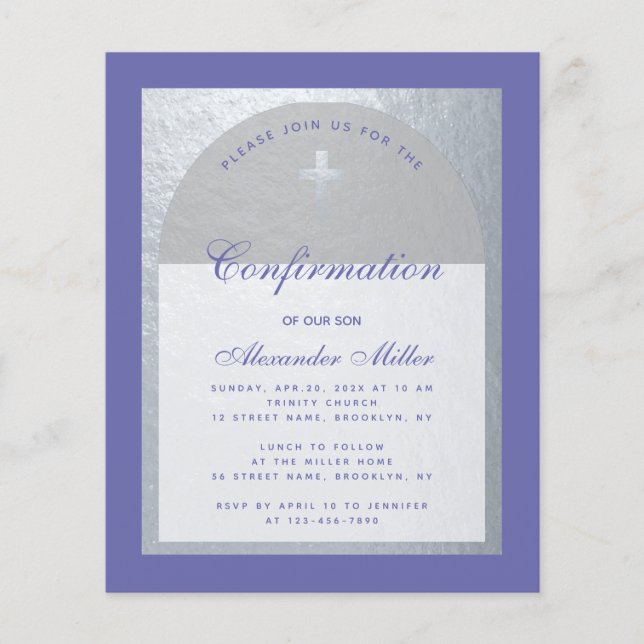 Papier Invitation de confirmation Violet Argent Arch Budg (Devant)