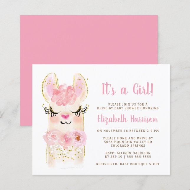 Papier Invitation de douche de bébé Drive By fille Budget (Devant / Derrière)