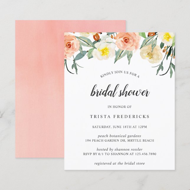 Papier Invitation de douche nuptiale à budget floral (Devant / Derrière)