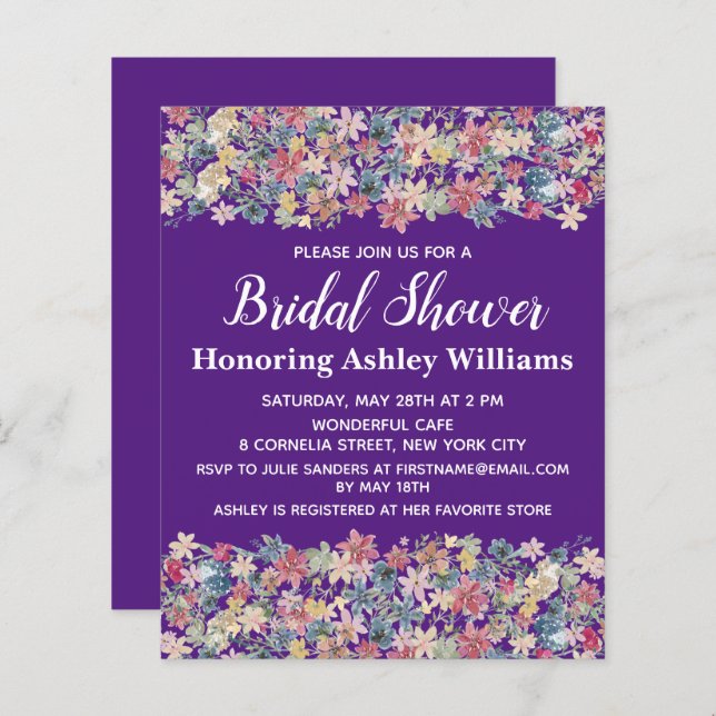 Papier Invitation de douche nuptiale budget Floral Boho v (Devant / Derrière)
