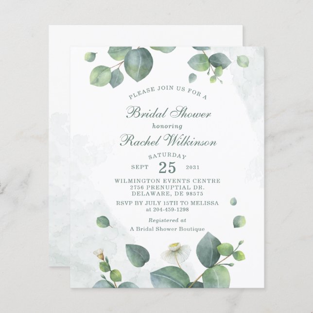 Papier Invitation de douche nuptiale Eucalyptus Green (Devant / Derrière)