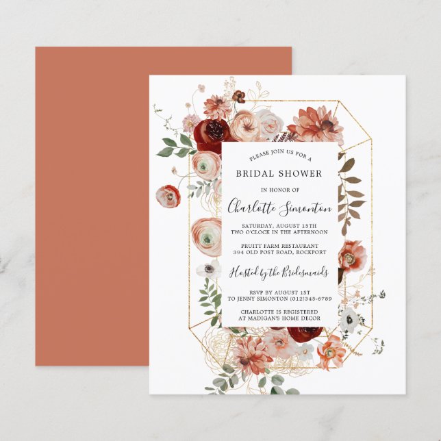 Papier Invitation de douche nuptiale rose rouge Budget (Devant / Derrière)