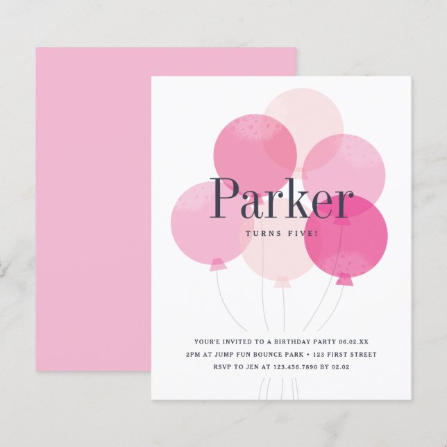 Papier Invitation de fête d'anniversaire rose ballon budg (Devant / Derrière)