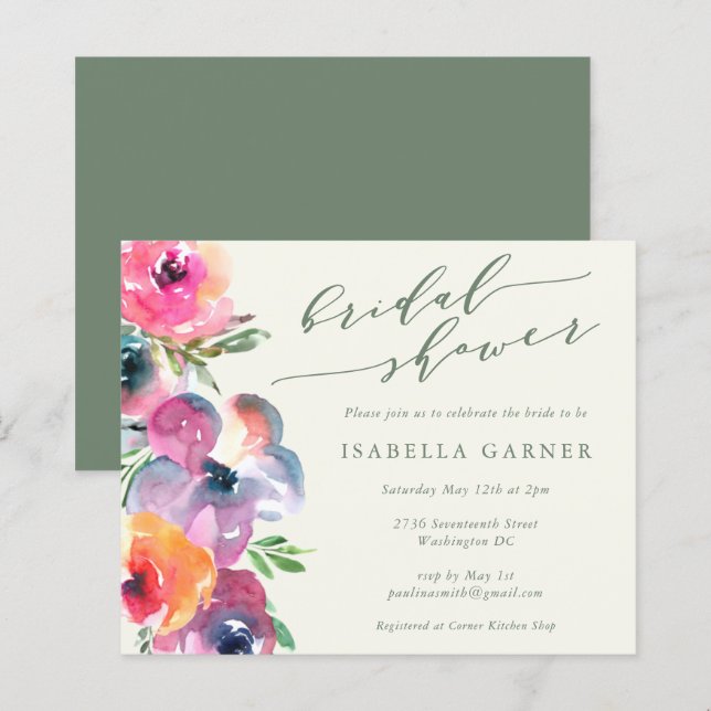 Papier Invitation de Fête des mariées d'aquarelle Boho Bu (Devant / Derrière)