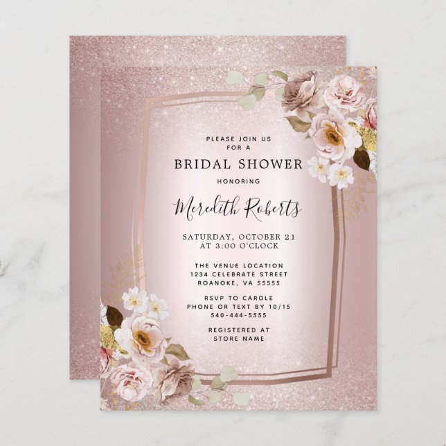 Papier Invitation de Fête des mariées Floral Blush Gold R (Devant / Derrière)