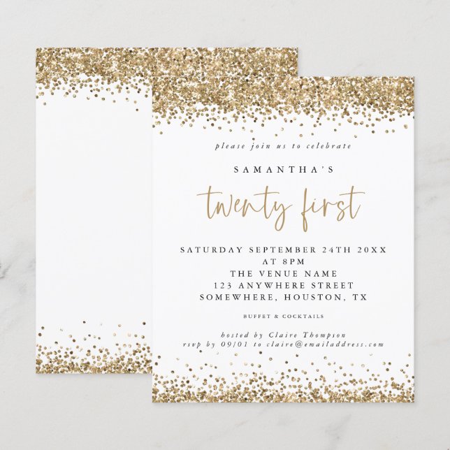 Papier Invitation de fête pour vingt-et-un ans pailletée  (Devant / Derrière)