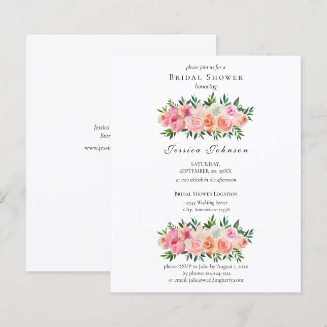 Papier Invitation de Fêtes des mariées florales rose et b (Devant / Derrière)