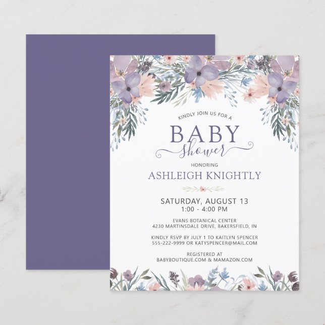 Papier Invitation de Fleur sauvage de Baby shower de coul (Devant / Derrière)
