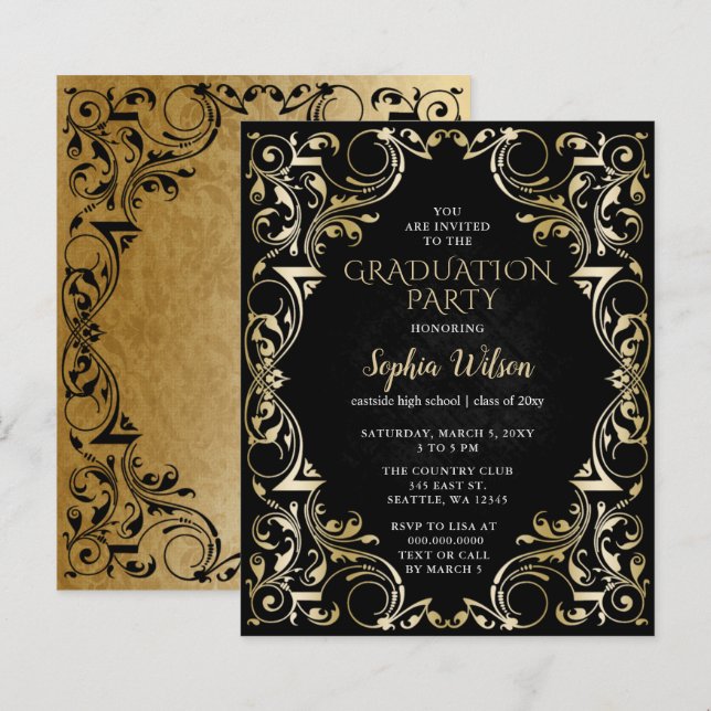 Papier Invitation de graduation en or noir budget (Devant / Derrière)