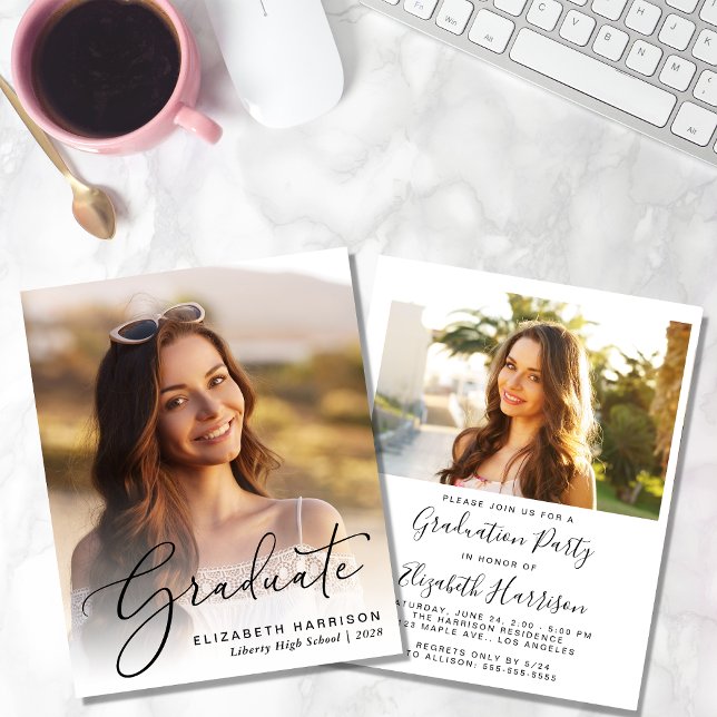 Papier Invitation de la fête de graduation de photo éléga (An elegant photo graduation party invitation to celebrate the graduate's achievements)