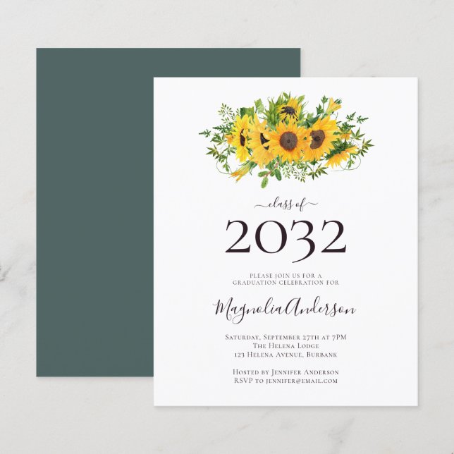 Papier Invitation de la fête de graduation du tournesol d (Devant / Derrière)