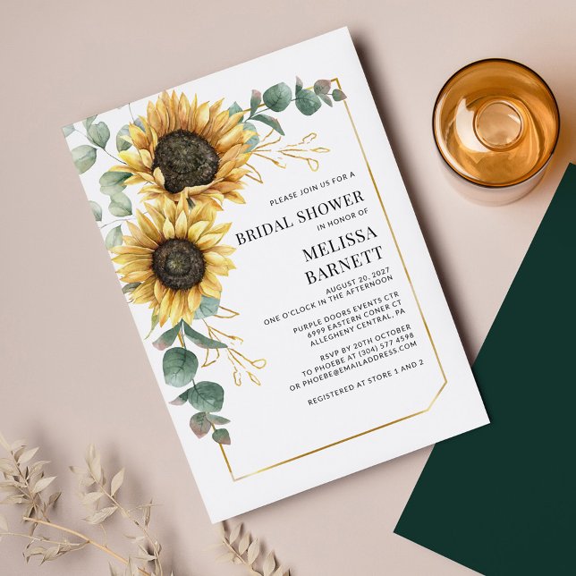 Papier Invitation de la nuptiale de tournesol Eucalyptus (Bloom Sunflower Greenery Geometric Bridal Shower Invitation )