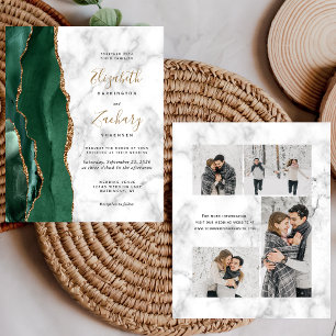Papier Invitation de mariage à 4 photos en marbre vert ém