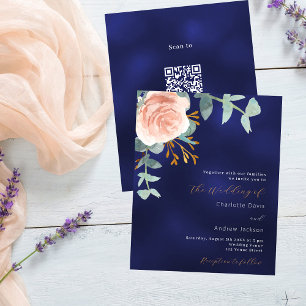 Papier Invitation de mariage à budget rose or bleu QR RSV