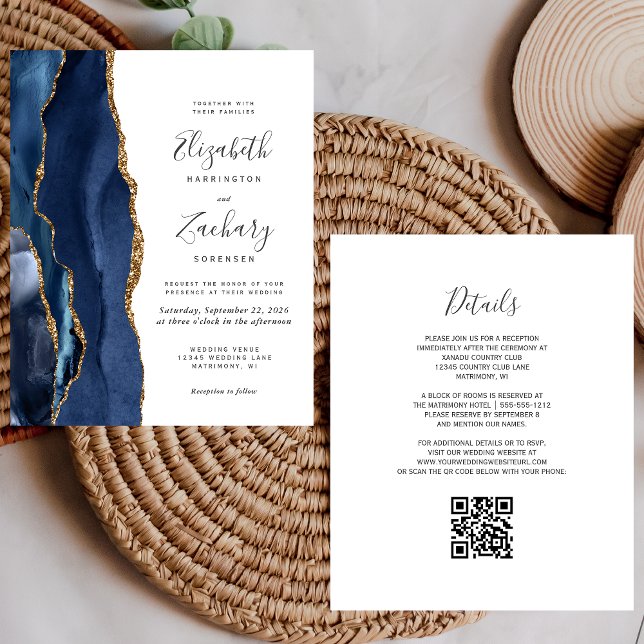 Papier Invitation de mariage à code QR agate dorée bleu m (Créateur téléchargé)
