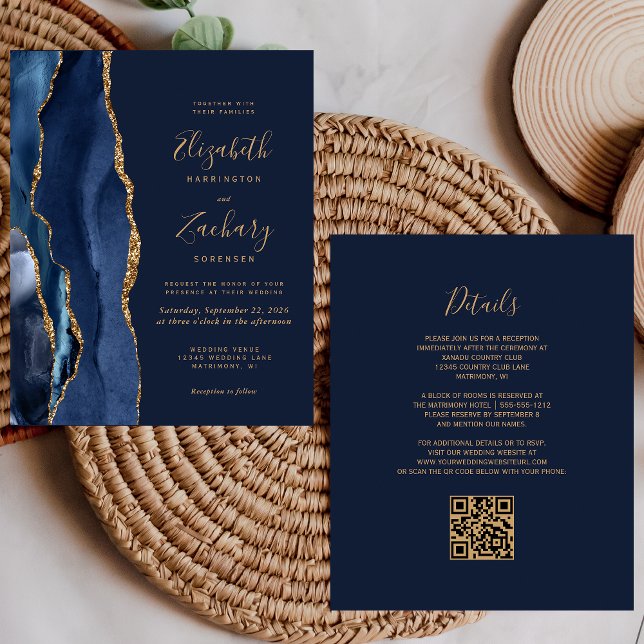 Papier Invitation de mariage à code QR agate dorée bleu m (Créateur téléchargé)