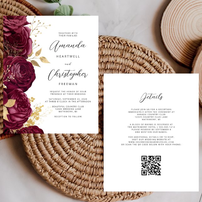 Papier Invitation de mariage à code QR floral or Bourgogn (Créateur téléchargé)
