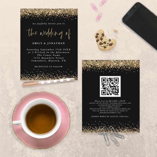 Papier Invitation de mariage à code QR pailleté noir budg (Créateur téléchargé)