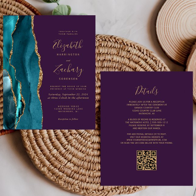 Papier Invitation de mariage à code QR sarcelle or agate  (Créateur téléchargé)