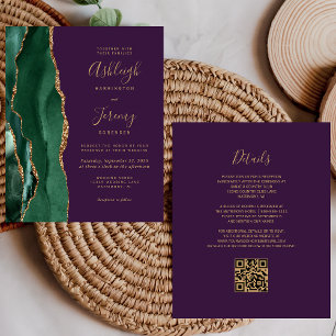 Papier Invitation de mariage à code QR violet vert émerau