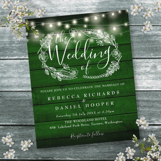 Papier Invitation de mariage à cordes rustiques écolos Bu (Budget Green Rustic String Lights Wedding Invite)