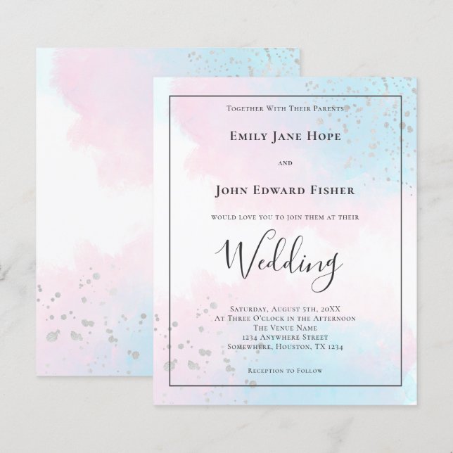 Papier Invitation de mariage argenté rose Turquoise Budge (Devant / Derrière)