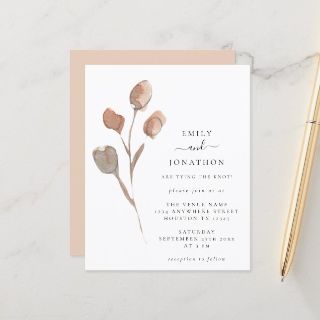 Papier Invitation de mariage Artsy Leaf d'aquarelle budgé (Devant/Arrière en situation)