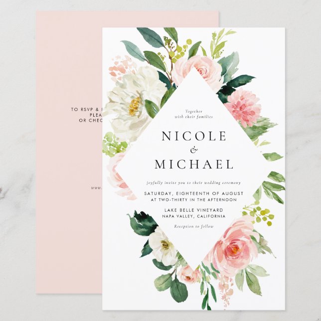 Papier Invitation de mariage avec code QR de fleurs de ja (Devant / Derrière)