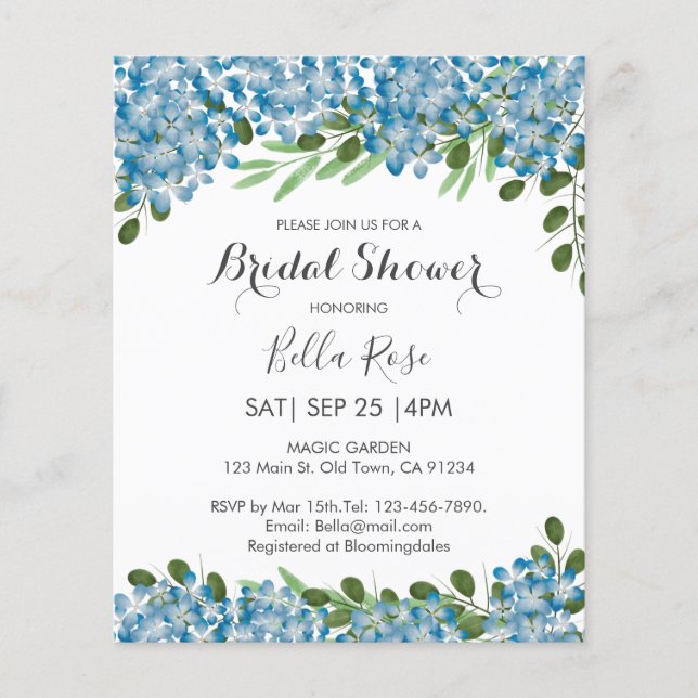 Papier Invitation de mariage avec des hortensias bleus de (Devant)