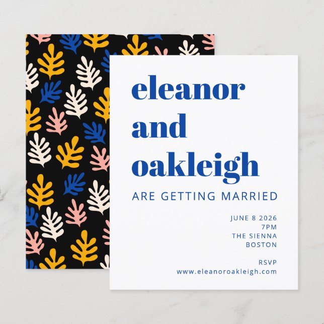Papier Invitation de mariage bleu noir botanique Matisse  (Devant / Derrière)