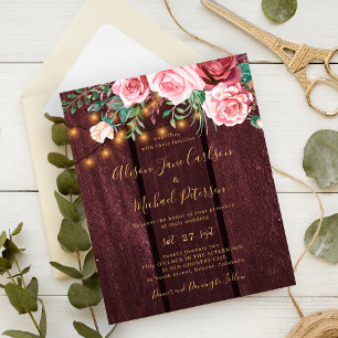 Papier Invitation de mariage bordeaux or floral pas cher