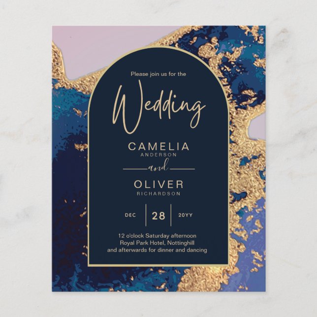 Papier Invitation de mariage Budget Agate Bleu Or avec Co (Devant)