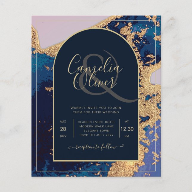 Papier Invitation de mariage Budget Agate Bleu Or avec Co (Devant)