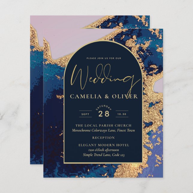 Papier Invitation de mariage Budget Agate Bleu Or avec Co (Devant / Derrière)