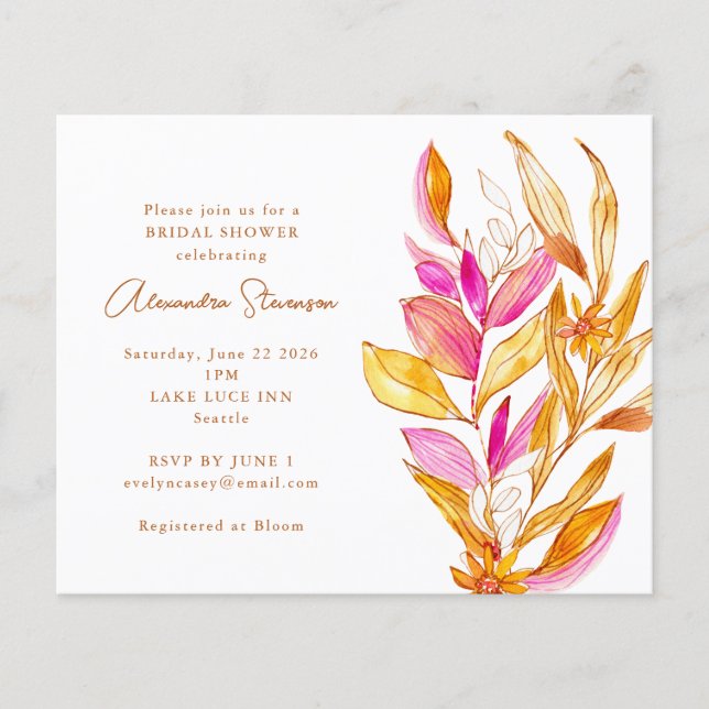 Papier Invitation de mariage Budget Rose Jaune Floral (Devant)