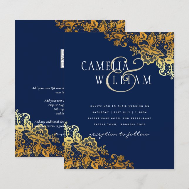 Papier Invitation de mariage classique de dentelle d'or B (Devant / Derrière)